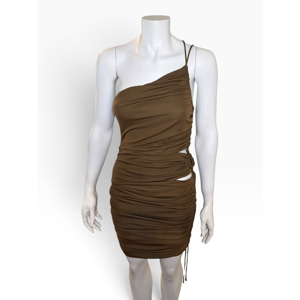 Zara Brown Ruched One Shoulder Cut Out Mini Dress Womens Medium Club Going Out - Picture 2 of 7